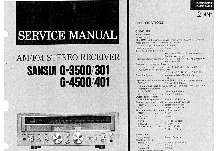 SANSUI G-3500 G-301 G-4500 G-401 SERVICE MANUAL AM FM STEREO RECEIVER