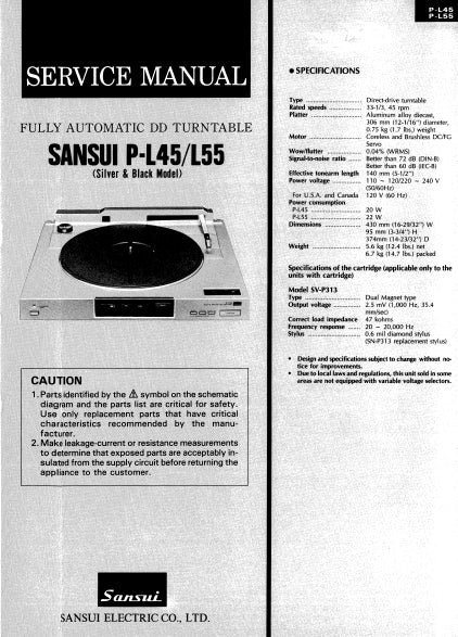 SANSUI P-L45 P-L55 SERVICE MANUAL ENGLISH FULLY AUTOMATIC DIRECT DRIVE TURNTABLE