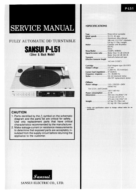 SANSUI P-L51 SERVICE MANUAL ENGLISH FULLY AUTOMATIC DIRECT DRIVE TURNTABLE