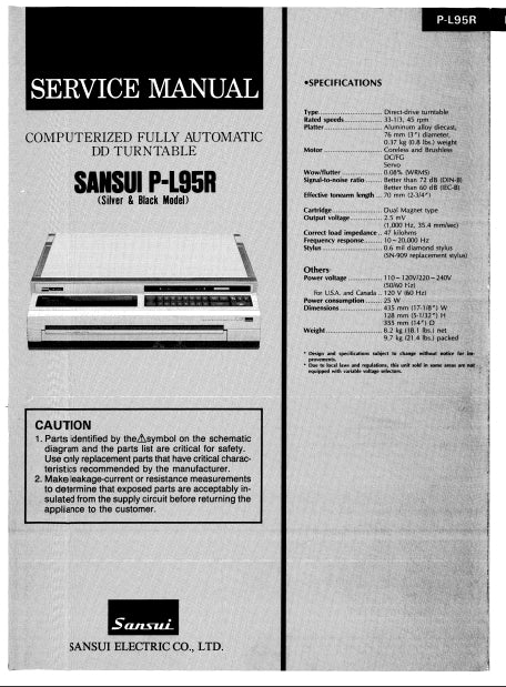 SANSUI P-L95R SERVICE MANUAL ENGLISH COMPUTERIZED FULLY AUTOMATIC DIRECT DRIVE TURNTABLE