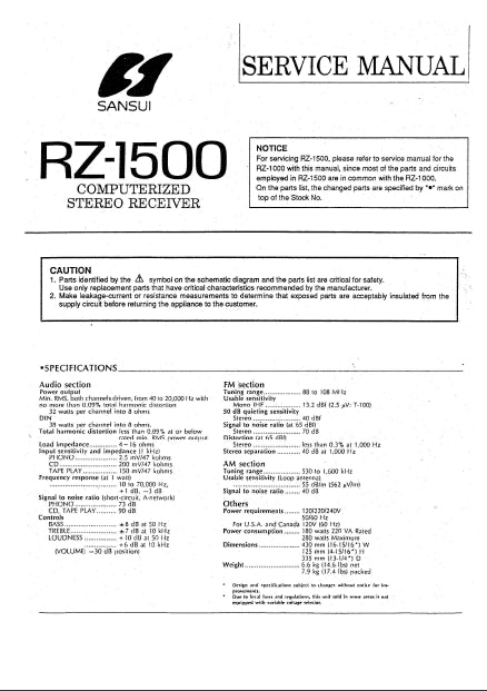 SANSUI RZ-1500 SERVICE MANUAL IN ENGLISH COMPUTERIZED STEREO RECEIVER