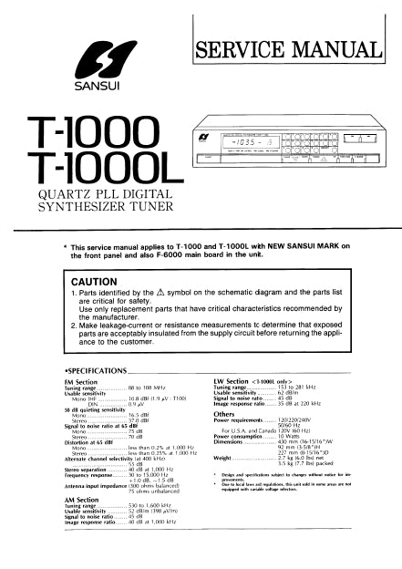 SANSUI T-1000 T-1000L SERVICE MANUAL ENGLISH QUARTZ PLL DIGITAL SYNTHESIZER TUNER