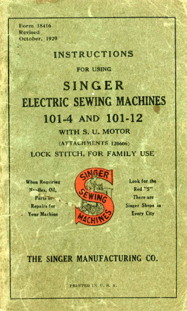 SINGER 101-14 101-12 INSTRUCTIONS BOOK IN ENGLISH ELECTRIC SEWING MACHINE