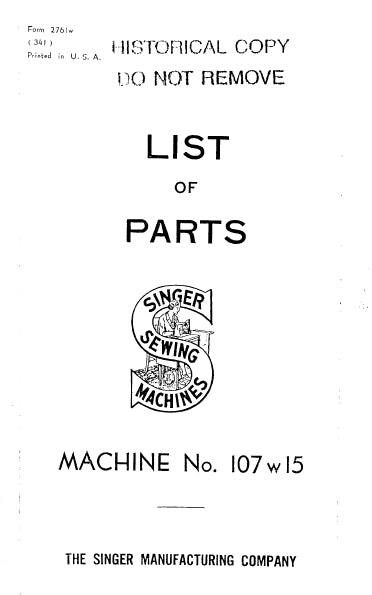 SINGER 107W15 LIST OF PARTS ENGLISH SEWING MACHINE