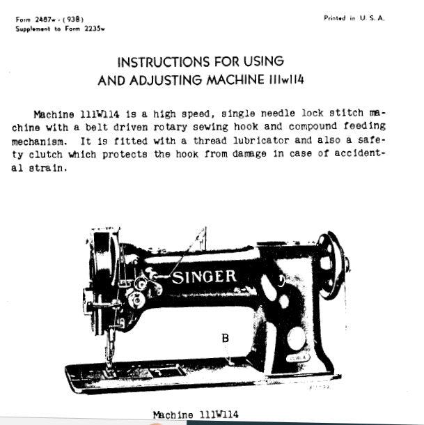 SINGER 111W114 INSTRUCTIONS ENGLISH SEWING MACHINE