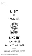 Load image into Gallery viewer, SINGER 114-37 114-38 LIST OF PARTS ENGLISH SEWING MACHINE
