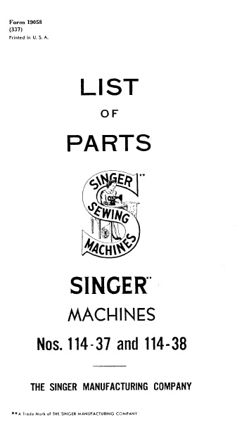 SINGER 114-37 114-38 LIST OF PARTS ENGLISH SEWING MACHINE