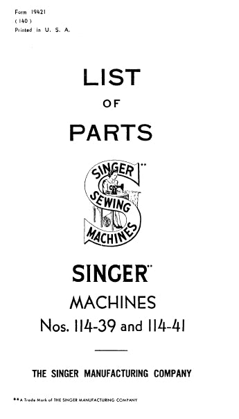 SINGER 114-39 114-41 LIST OF PARTS ENGLISH SEWING MACHINE