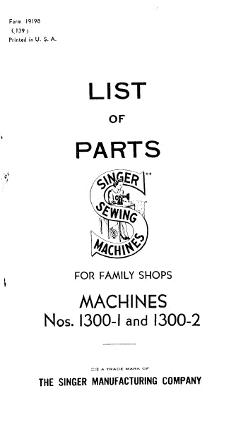 SINGER 1300-1 1300-2 LIST OF PARTS ENGLISH SEWING MACHINE