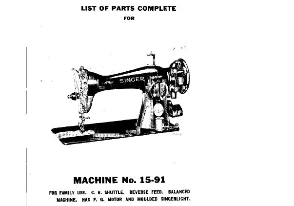 SINGER 15-91 LIST OF PARTS COMPLETE ENGLISH SEWING MACHINE