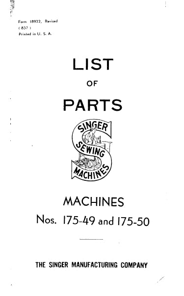 SINGER 175-49 175-50 LIST OF PARTS ENGLISH SEWING MACHINE