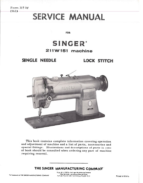 SINGER 211W151 SERVICE MANUAL ENGLISH SEWING MACHINE – THE MANUAL ARCHIVE