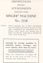 Load image into Gallery viewer, SINGER 221K INSTRUCTIONS BOOK IN ENGLISH SEWING MACHINE
