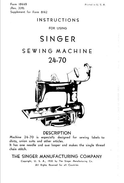 SINGER 24-70 INSTRUCTIONS ENGLISH SEWING MACHINE