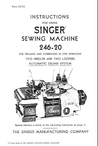 SINGER 246-20 INSTRUCTIONS ENGLISH SEWING MACHINE