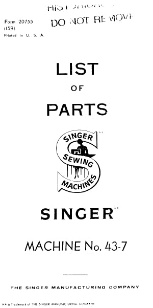 SINGER 43-7 LIST OF PARTS ENGLISH SEWING MACHINE