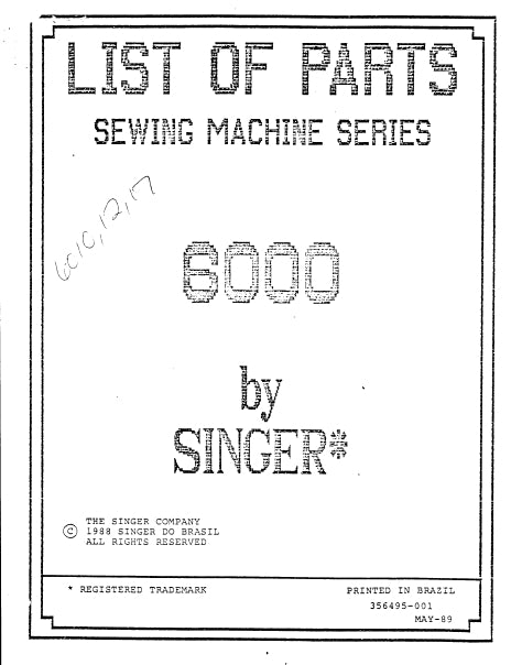 SINGER 6010 6011 6012 6017 LIST OF PARTS ENGLISH SEWING MACHINE