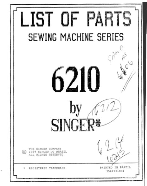 SINGER 6210 6212 6606 LIST OF PARTS ENGLISH SEWING MACHINE