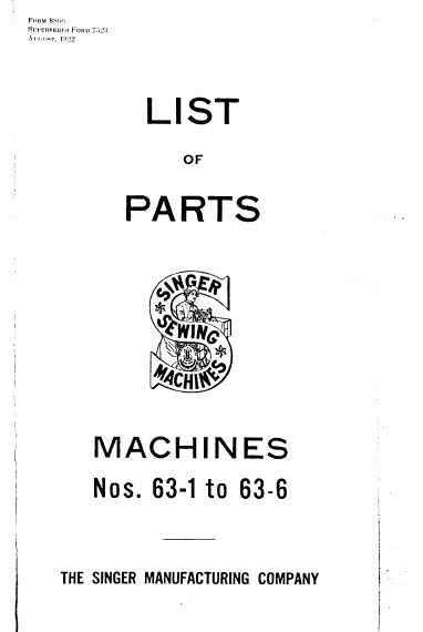 SINGER 63-1 TO 63-6 LIST OF PARTS ENGLISH SEWING MACHINE