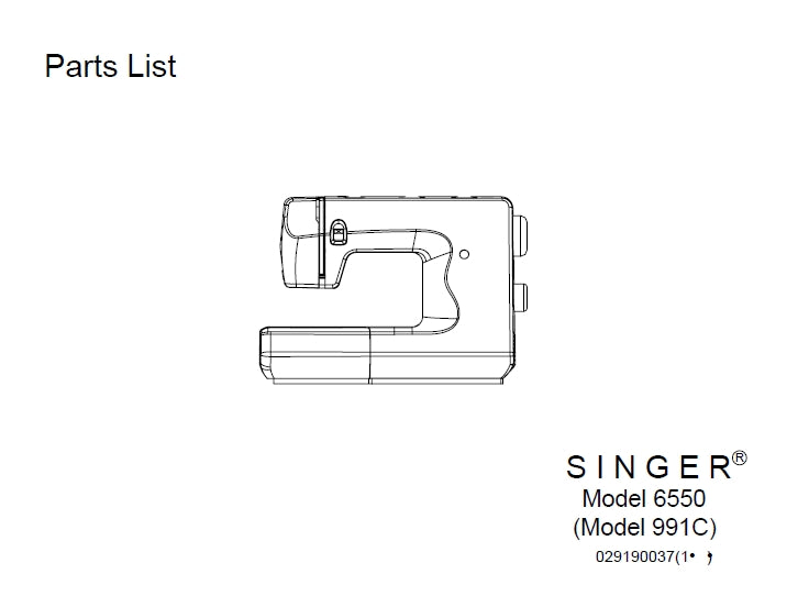 SINGER 6550 991C PARTS LIST ENGLISH SEWING MACHINE