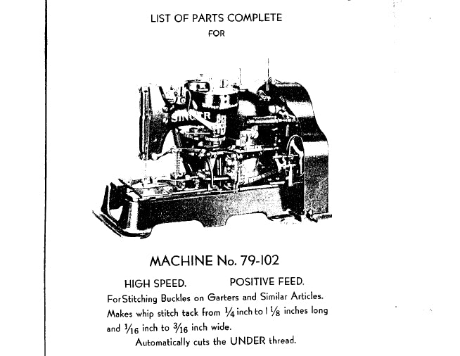 SINGER 79-102 LIST OF PARTS COMPLETE ENGLISH SEWING MACHINE