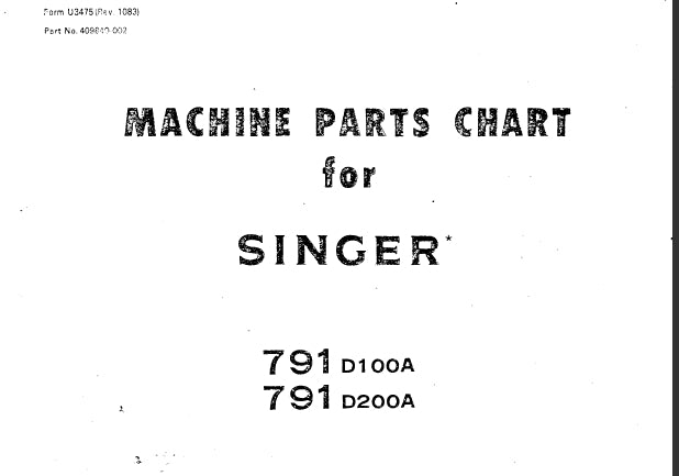 SINGER 791D100A 791D200A MACHINE PARTS CHART ENGLISH SEWING MACHINE