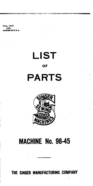 SINGER 96-45 LIST OF PARTS ENGLISH SEWING MACHINE