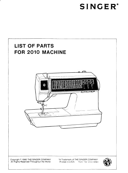 SINGER TOUCH TRONIC 2010 LIST OF PARTS ENGLISH SEWING MACHINE