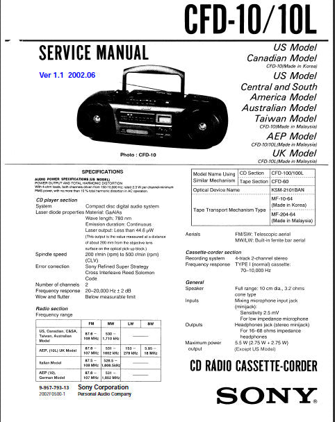 SONY CFD-10 CFD-10L SERVICE MANUAL BOOK IN ENGLISH CD RADIO CASSETTE-CORDER