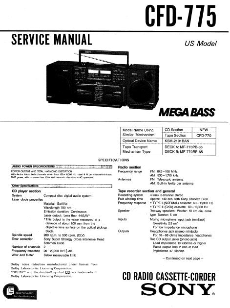 SONY CFD-775 SERVICE MANUAL BOOK IN ENGLISH CD RADIO CASSETTE CORDER