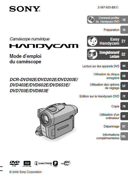 SONY DCR-DVD92E 202E 203E 403E 602E 653E 703E 803E MODE D'EMPLOI BOOK FRANCAIS HANDYCAM DIGITAL VIDEO CAMERA RECORDER