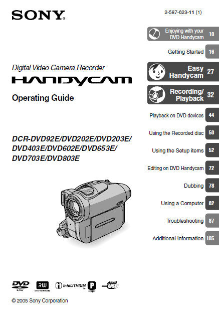 SONY DCR-DVD92E 202E 203E 403E 602E 653E 703E 803E OPERATING GUIDE BOOK ENGLISH HANDYCAM DIGITAL VIDEO CAMERA RECORDER