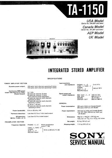 SONY TA-1150 SERVICE MANUAL BOOK ENGLISH INTEGRATED STEREO AMPLIFIER