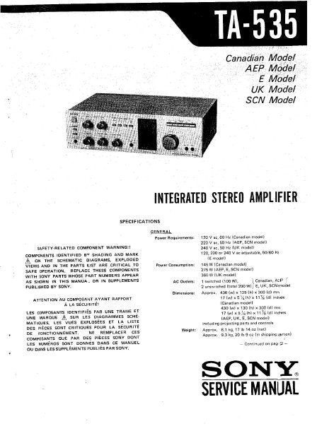 SONY TA-535 SERVICE MANUAL BOOK ENGLISH INTEGRATED STEREO AMPLIFIER