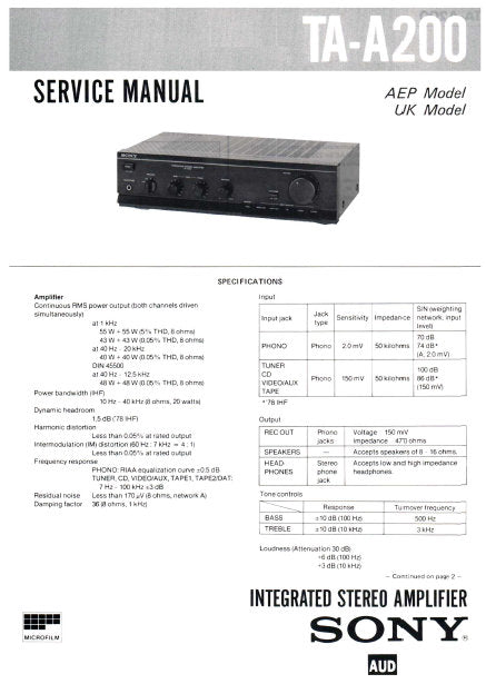 SONY TA-A200 SERVICE MANUAL BOOK IN ENGLISH INTEGRATED STEREO AMPLIFIER