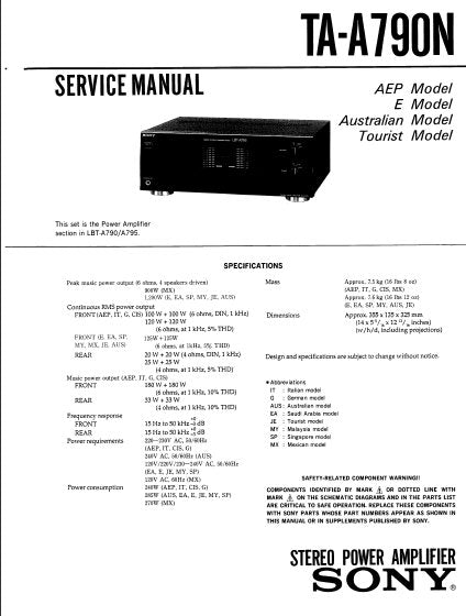 SONY TA-A790N SERVICE MANUAL BOOK ENGLISH STEREO POWER AMPLIFIER