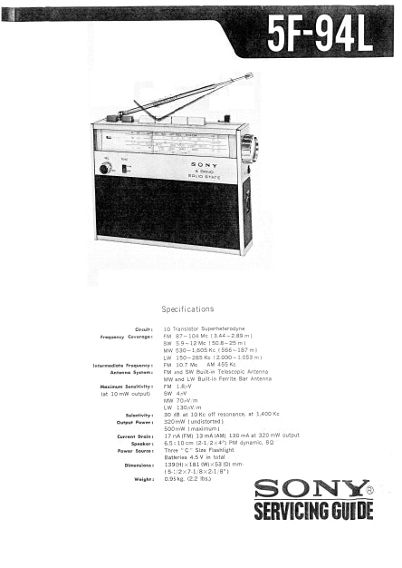 SONY 5F-94L SERVICE MANUAL BOOK IN ENGLISH FM MW LW SW 4 BAND RECEIVER