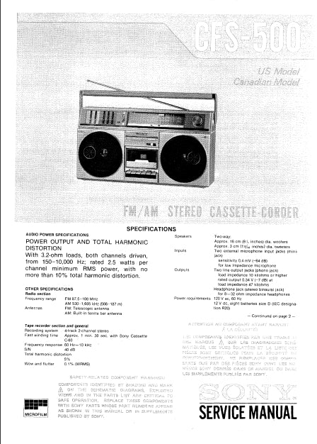 SONY CFS-500 SERVICE MANUAL IN ENGLISH FM AM STEREO CASSETTE-CORDER