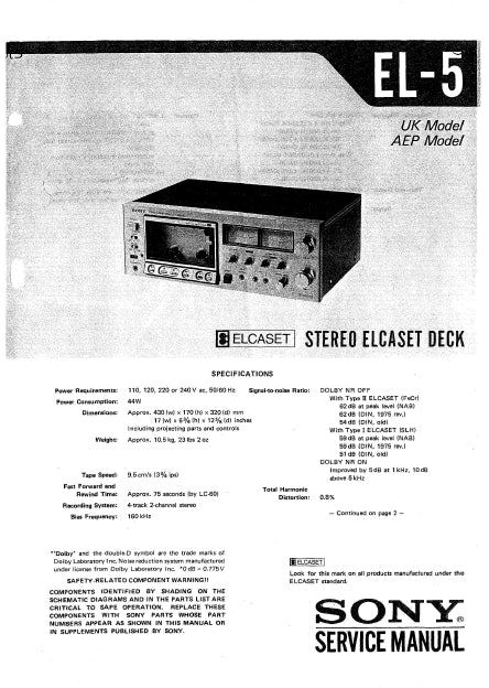 SONY EL-5 SERVICE MANUAL IN ENGLISH STEREO ELCASET DECK