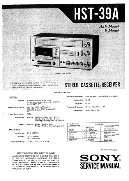 SONY HST-39A SERVICE MANUAL BOOK IN ENGLISH STEREO CASSETTE RECEIVER