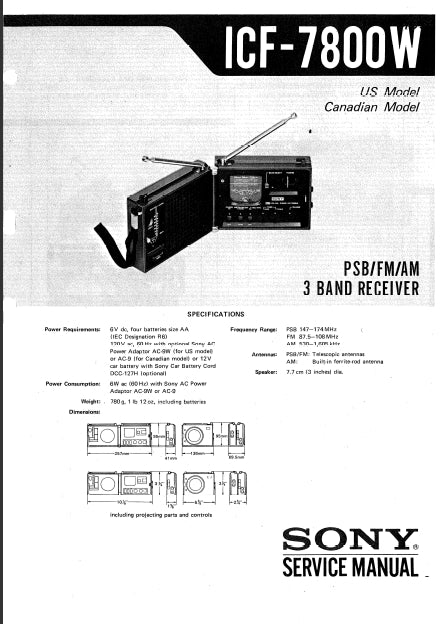 SONY ICF-7800W SERVICE MANUAL IN ENGLISH PSB FM AM 3 BAND RECEIVER