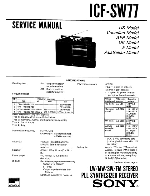 SONY ICF-SW77 SERVICE MANUAL ENGLISH LW MW SW FM STEREO PLL SYNTHESIZED RECEIVER