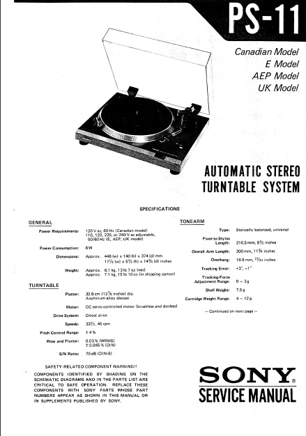 SONY PS-11 SERVICE MANUAL IN ENGLISH AUTOMATIC STEREO TURNTABLE SYSTEM