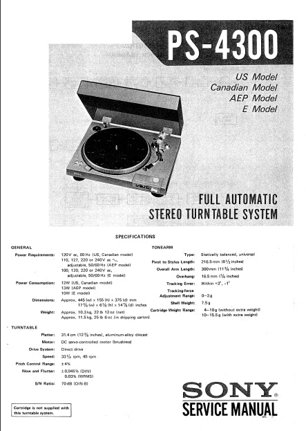 SONY PS-4300 SERVICE MANUAL IN ENGLISH FULL AUTOMATIC STEREO TURNTABLE SYSTEM