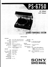 Load image into Gallery viewer, SONY PS-6750 SERVICE MANUAL IN ENGLISH STEREO TURNTABLE SYSTEM
