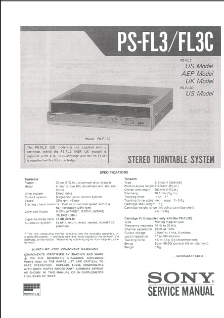 SONY PS-FL3 PS-FL3C SERVICE MANUAL IN ENGLISH STEREO TURNTABLE SYSTEM