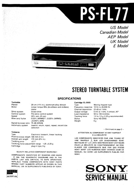 SONY PS-FL77 SERVICE MANUAL IN ENGLISH STEREO TURNTABLE SYSTEM