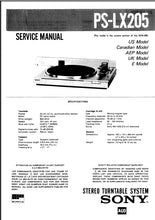 Load image into Gallery viewer, SONY PS-LX205 SERVICE MANUAL IN ENGLISH STEREO TURNTABLE SYSTEM
