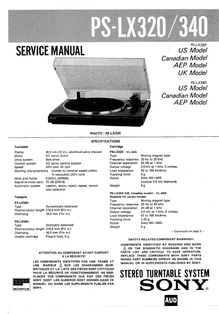 SONY PS-LX320 PS-LX340 SERVICE MANUAL IN ENGLISH STEREO TURNTABLE SYSTEM