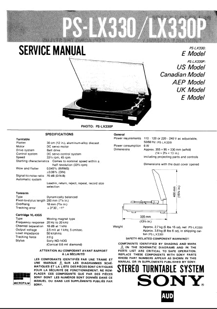 SONY PS-LX330 PS-LX330P SERVICE MANUAL IN ENGLISH STEREO TURNTABLE SYSTEM